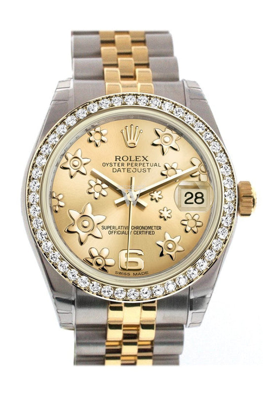 Rolex Datejust 31 Champagne Raised Floral Motif Dial Diamond Bezel Jubilee Yellow Gold Two Tone Watch 178383 Pre-owned