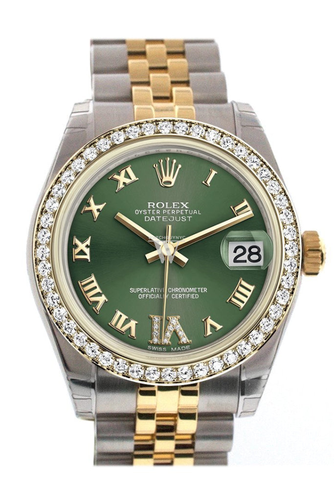 Rolex Datejust 31 Olive Green Large VI Diamond Dial Diamond Bezel Jubilee Yellow Gold Two Tone Watch 178383 Pre-owned