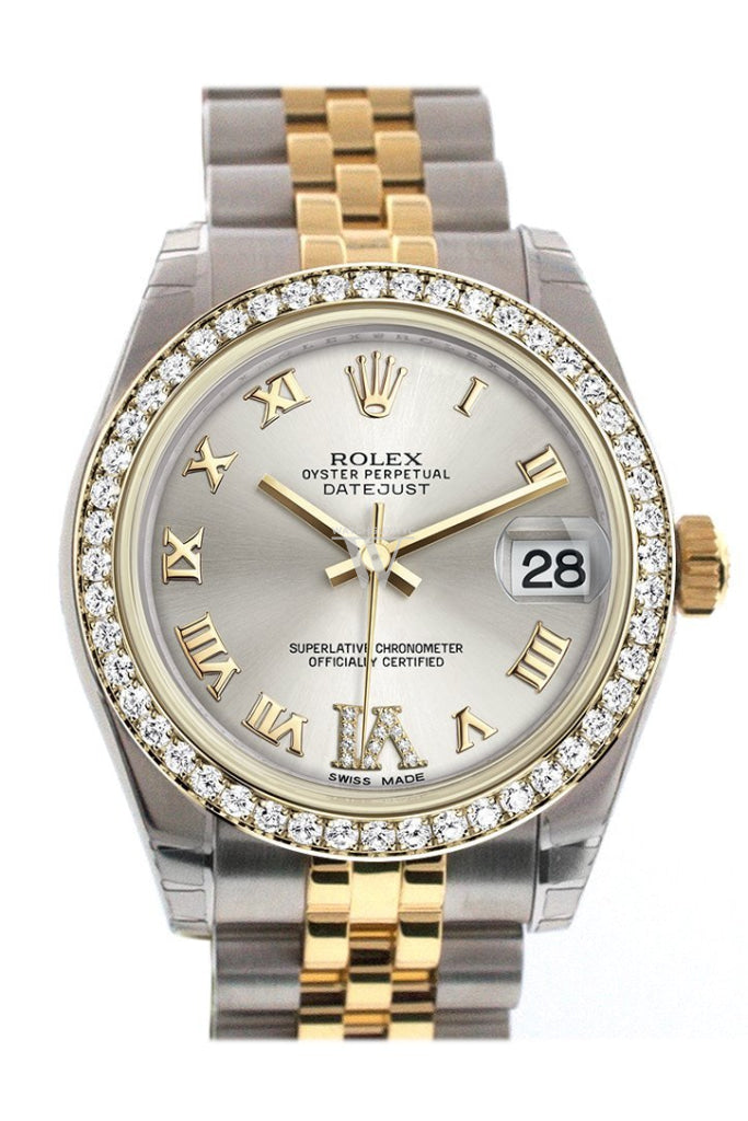 Rolex Datejust 31 Silver Large VI Diamonds Dial Diamond Bezel Jubilee Yellow Gold Two Tone Watch 178383 Pre-owned