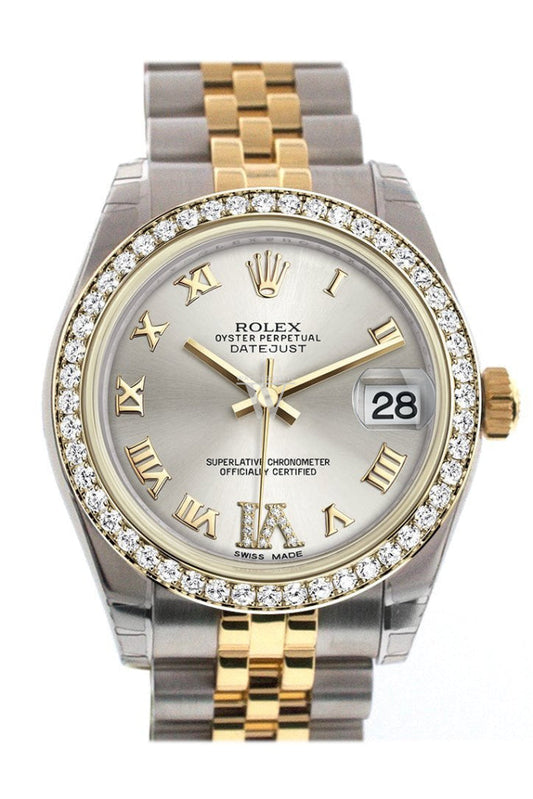 Rolex Datejust 31 Silver Large VI Diamonds Dial Diamond Bezel Jubilee Yellow Gold Two Tone Watch 178383 Pre-owned