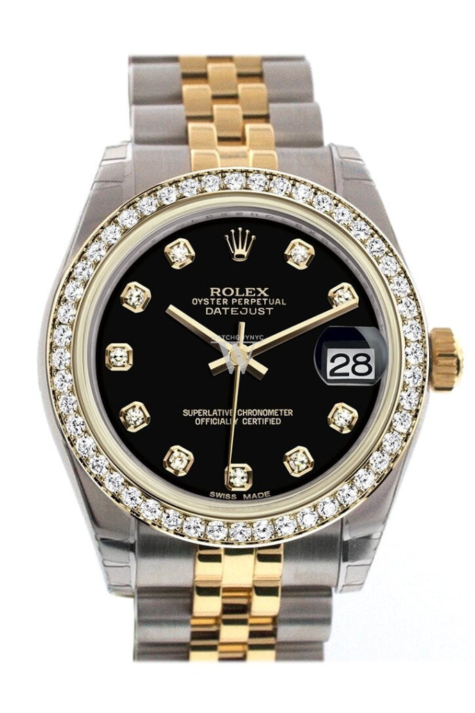 Rolex Datejust 31 Black Diamond Dial Diamond Bezel Jubilee Yellow Gold Two Tone Watch 178383 Pre-owned