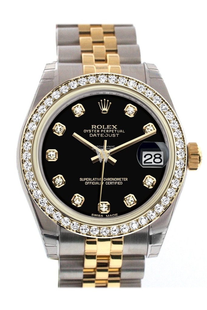 Rolex Datejust 31 Black Diamond Dial Diamond Bezel Jubilee Yellow Gold Two Tone Watch 178383 Pre-owned