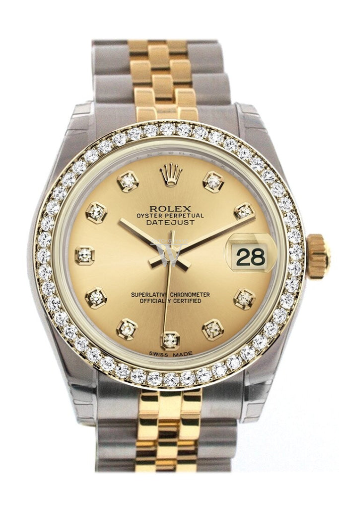 Rolex Datejust 31 Champagne Diamond Dial Diamond Bezel Jubilee Yellow Gold Two Tone Watch 178383 Pre-owned