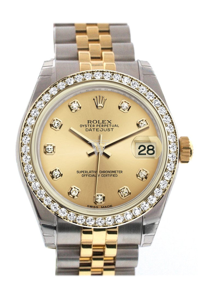 Rolex Datejust 31 Champagne Diamond Dial Diamond Bezel Jubilee Yellow Gold Two Tone Watch 178383 Pre-owned
