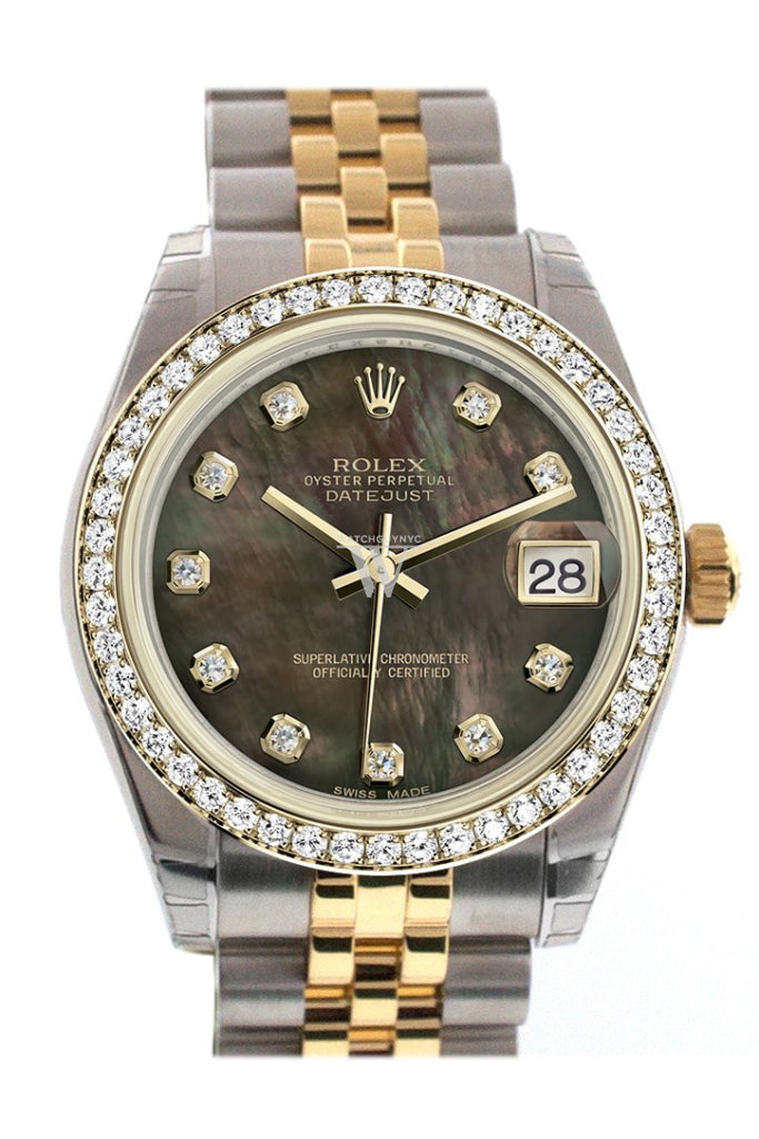 Rolex Datejust 31 Black mother-of-pearl Diamond Dial Diamond Bezel Jubilee Yellow Gold Two Tone Watch 178383 Pre-owned