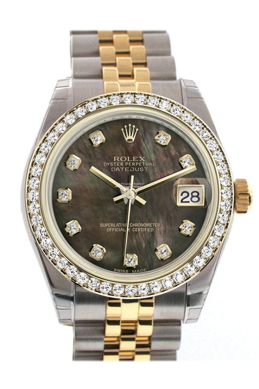 Rolex Datejust 31 Black mother-of-pearl Diamond Dial Diamond Bezel Jubilee Yellow Gold Two Tone Watch 178383 Pre-owned