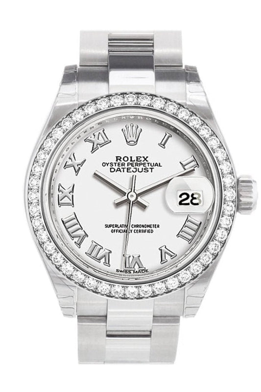 Rolex Datejust 28 White Roman Dial Diamond Bezel Steel Ladies Watch 279384RBR