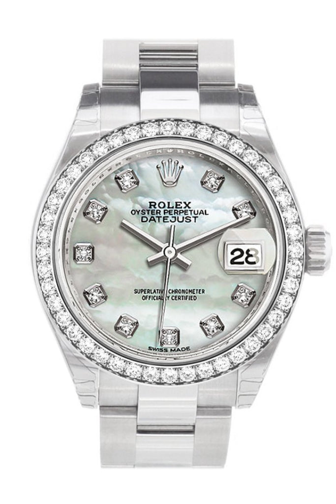 Rolex Datejust 28 Pearl set with Diamonds Dial Diamond Bezel Steel Ladies Watch 279384RBR NP