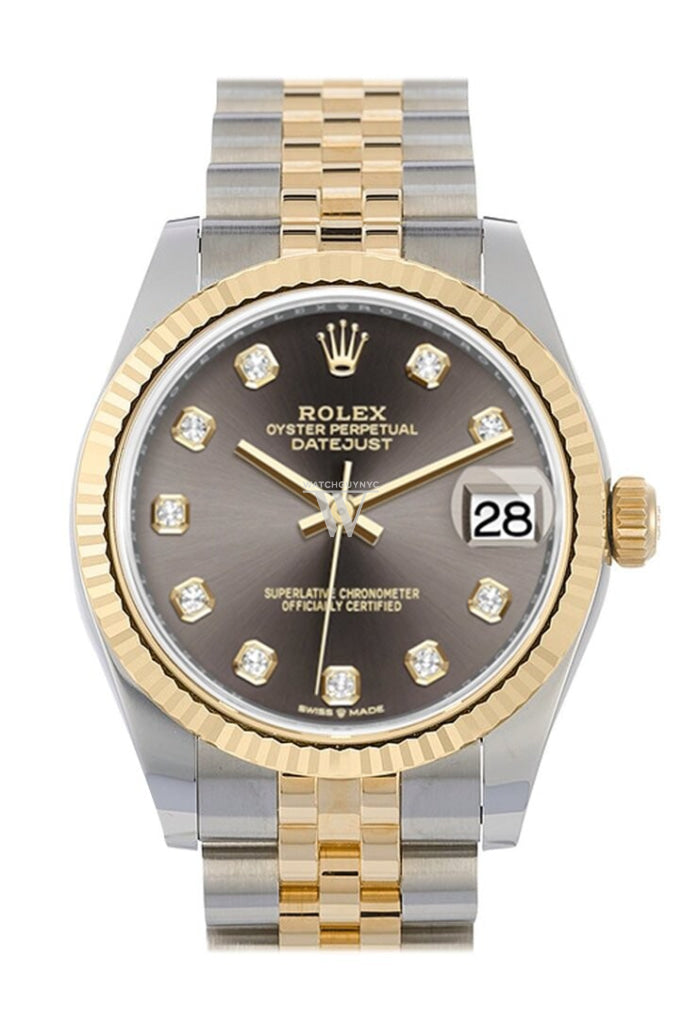 Rolex Datejust 31 Dark Grey Diamonds Dial Fluted Bezel 18K Yellow Gold Two Tone Jubilee Watch 278273 NP