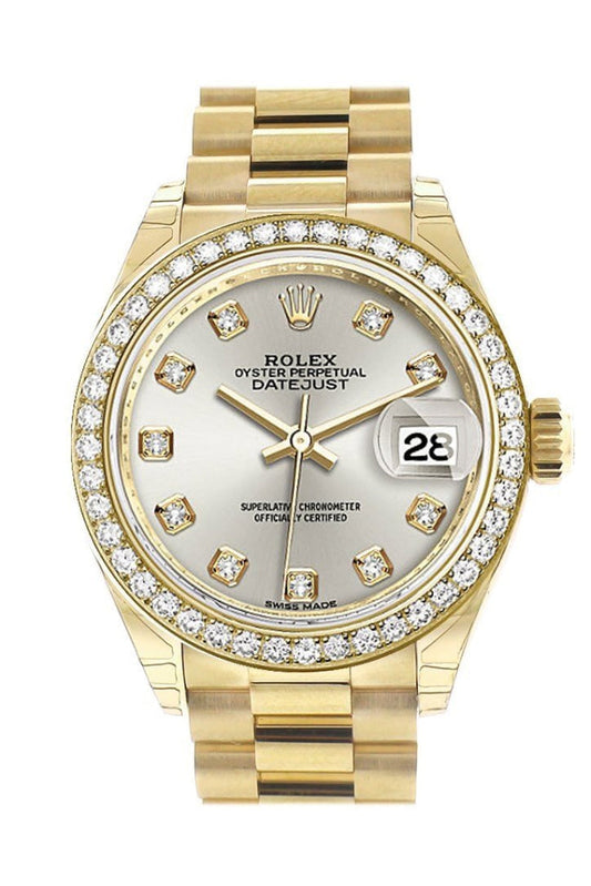 Rolex Datejust 28 Silver Diamond Dial Diamond Bezel President Ladies Watch 279138RBR NP Pre-owned