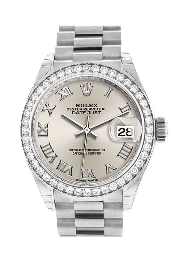 Rolex Datejust 28 Silver Roman Dial Diamond Bezel President Ladies Watch 279136RBR 279136 NP