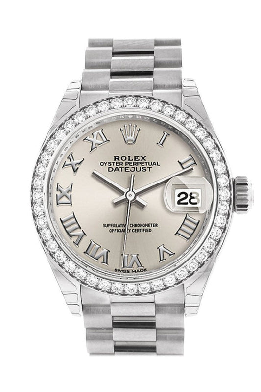Rolex Datejust 28 Silver Roman Dial Diamond Bezel President Ladies Watch 279136RBR 279136 NP