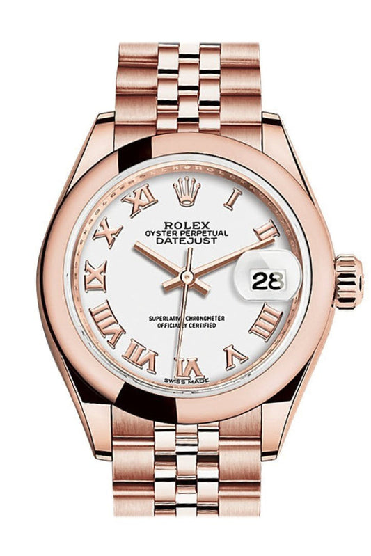 Rolex Datejust 28 White Roman Dial Rose Gold Jubilee Ladies Watch 279165 NP