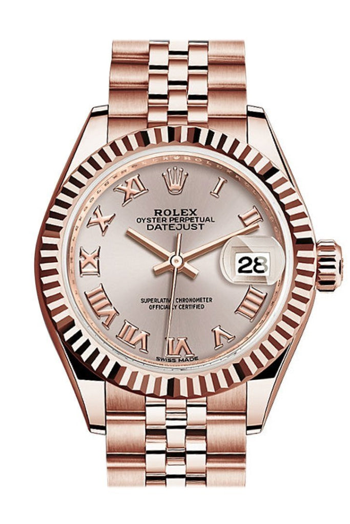 Rolex Datejust 28 Sundust Roman Dial Fluted Bezel Rose Gold Jubilee Ladies Watch 279175 NP