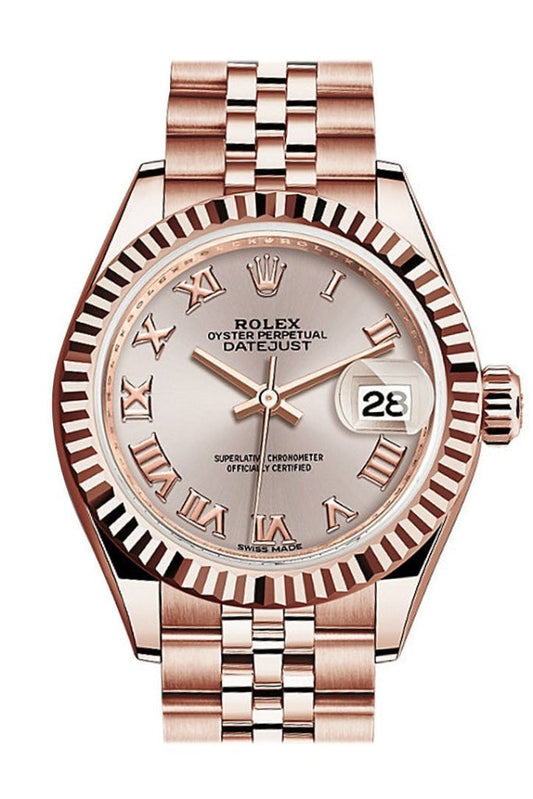Rolex Datejust 28 Sundust Roman Dial Fluted Bezel Rose Gold Jubilee Ladies Watch 279175 NP
