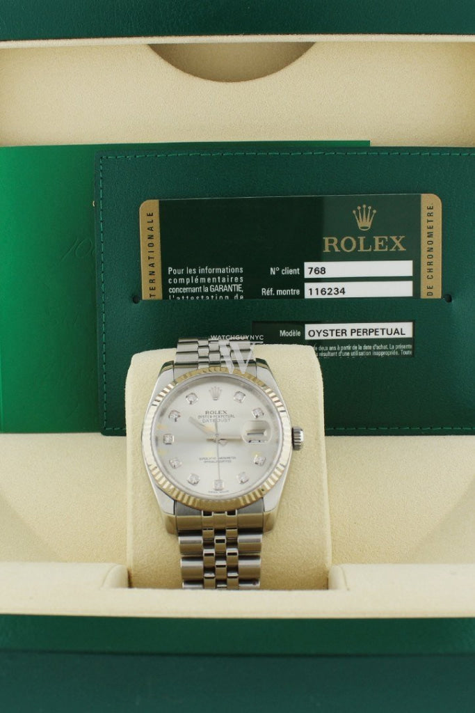 Rolex DateJust 36 Silver Diamond Dial 18k White Gold Bezel Watches 116234 Pre-owned