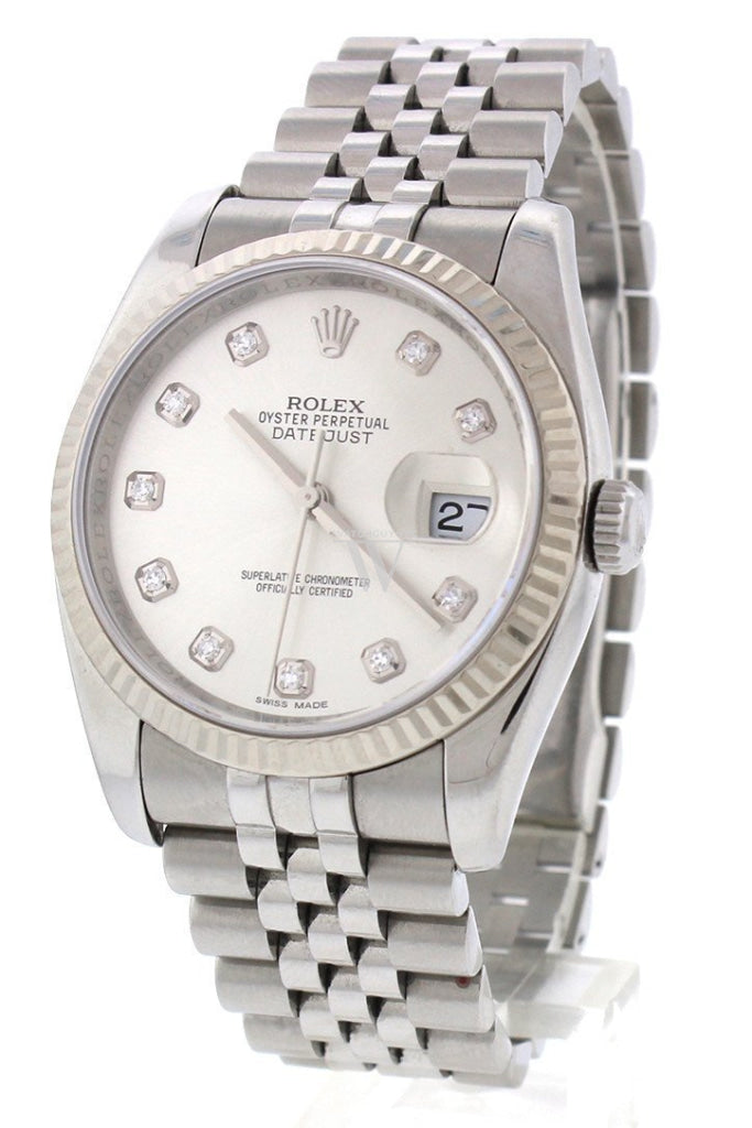 Rolex DateJust 36 Silver Diamond Dial 18k White Gold Bezel Watches 116234 Pre-owned