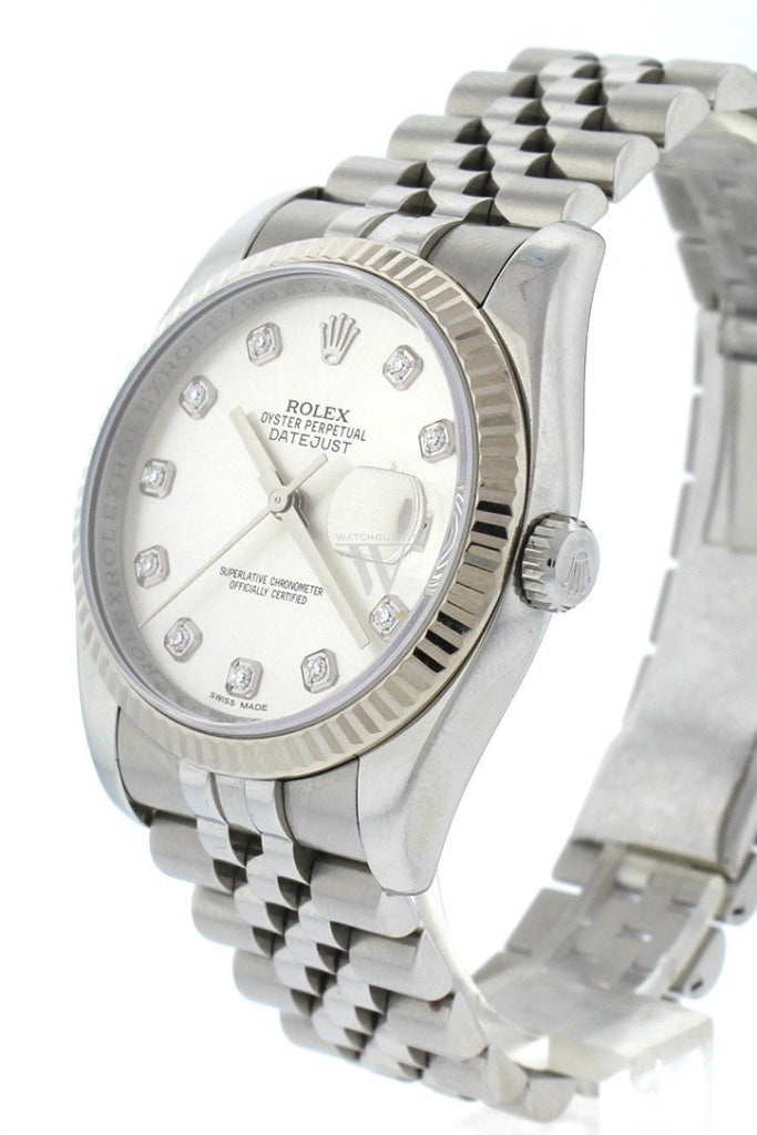 Rolex DateJust 36 Silver Diamond Dial 18k White Gold Bezel Watches 116234 Pre-owned