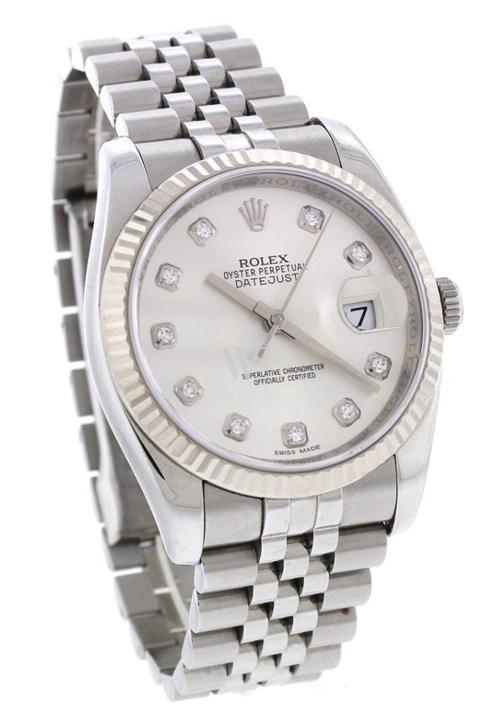 Rolex DateJust 36 Silver Diamond Dial 18k White Gold Bezel Watches 116234 Pre-owned