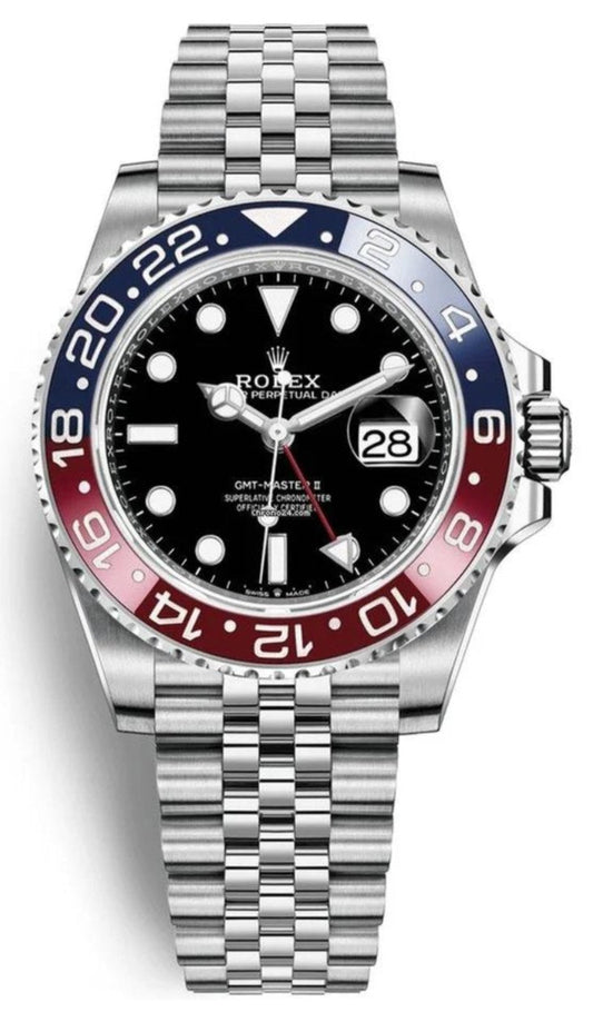 Rolex GMT-Master II Pepsi Jubilee Men’s Watch 126710BLRO with Oystersteel case, red and blue Cerachrom bezel, black dial, Jubilee bracelet, and Rolex Caliber 3285 automatic GMT movement—never worn, 100% authentic with Rolex box and warranty card, available now at Global Sky Diamonds, 44 W 47th St Booth GF-10, NYC. 3-year warranty included. Shop globalskydiamond.com.