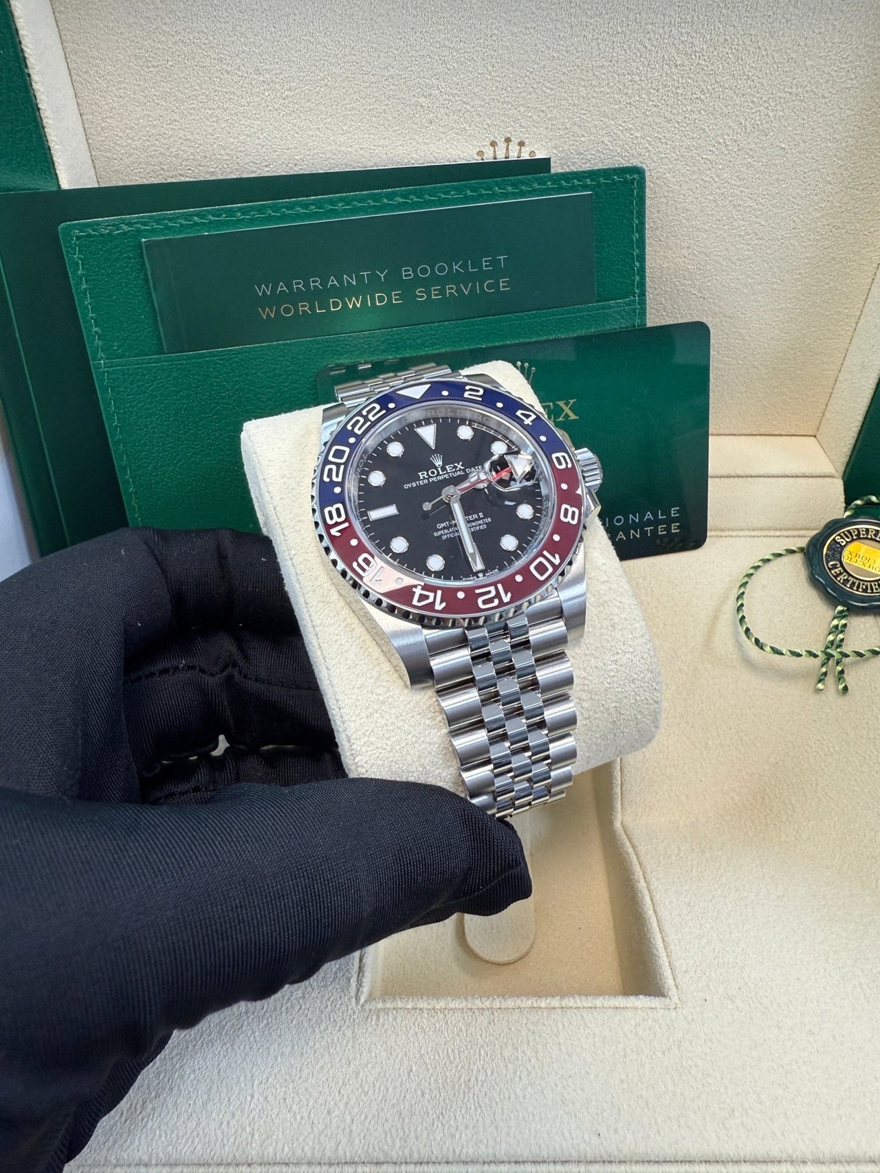 Rolex GMT-Master II Pepsi Jubilee Men’s Watch 126710BLRO with Oystersteel case, red and blue Cerachrom bezel, black dial, Jubilee bracelet, and Rolex Caliber 3285 automatic GMT movement—never worn, 100% authentic with Rolex box and warranty card, available now at Global Sky Diamonds, 44 W 47th St Booth GF-10, NYC. 3-year warranty included. Shop globalskydiamond.com.