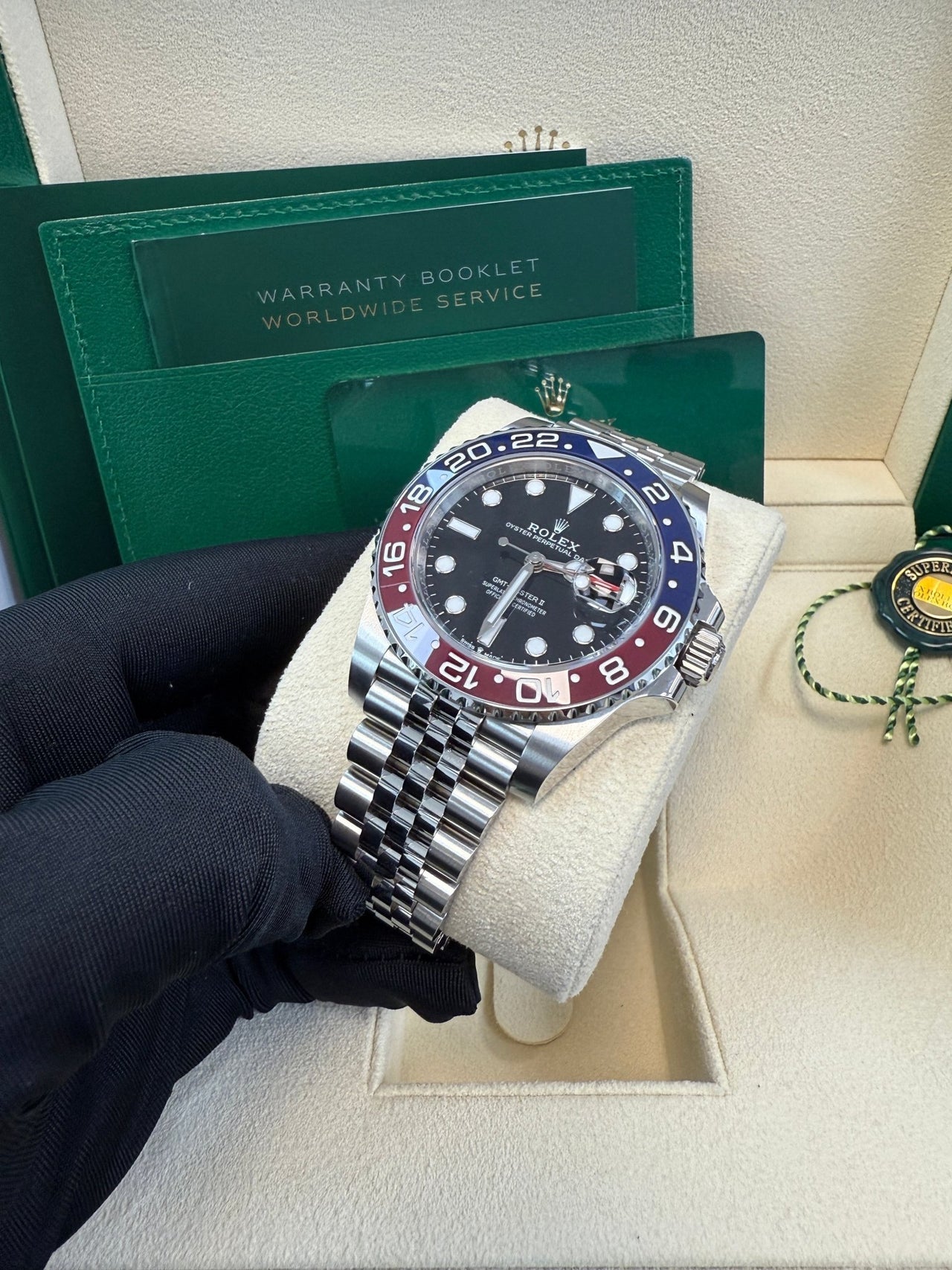 Rolex GMT-Master II Pepsi Jubilee Men’s Watch 126710BLRO with Oystersteel case, red and blue Cerachrom bezel, black dial, Jubilee bracelet, and Rolex Caliber 3285 automatic GMT movement—never worn, 100% authentic with Rolex box and warranty card, available now at Global Sky Diamonds, 44 W 47th St Booth GF-10, NYC. 3-year warranty included. Shop globalskydiamond.com.
