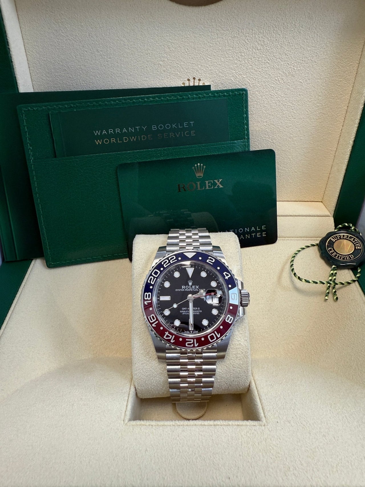 Rolex GMT-Master II Pepsi Jubilee Men’s Watch 126710BLRO with Oystersteel case, red and blue Cerachrom bezel, black dial, Jubilee bracelet, and Rolex Caliber 3285 automatic GMT movement—never worn, 100% authentic with Rolex box and warranty card, available now at Global Sky Diamonds, 44 W 47th St Booth GF-10, NYC. 3-year warranty included. Shop globalskydiamond.com.