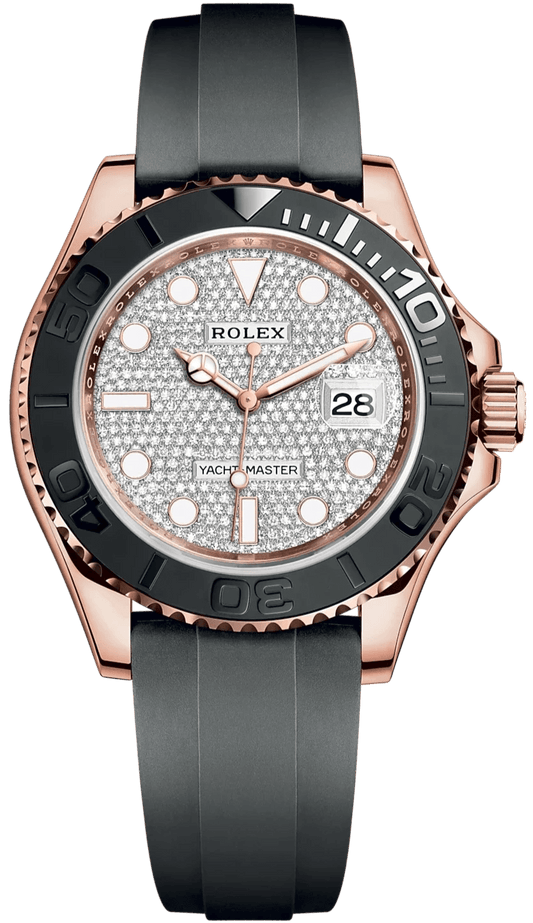 Rolex Yacht-Master 40mm 126655 Men’s Watch with factory diamond dial, 18k Everose gold case, matte black ceramic bezel, Oysterflex rubber strap, sapphire crystal, and Rolex Caliber 3235 movement—never worn, authentic with Rolex box and warranty card. Available at Global Sky Diamonds, 44 W 47th St Booth GF-10, NYC Diamond District. Shop globalskydiamond.com.