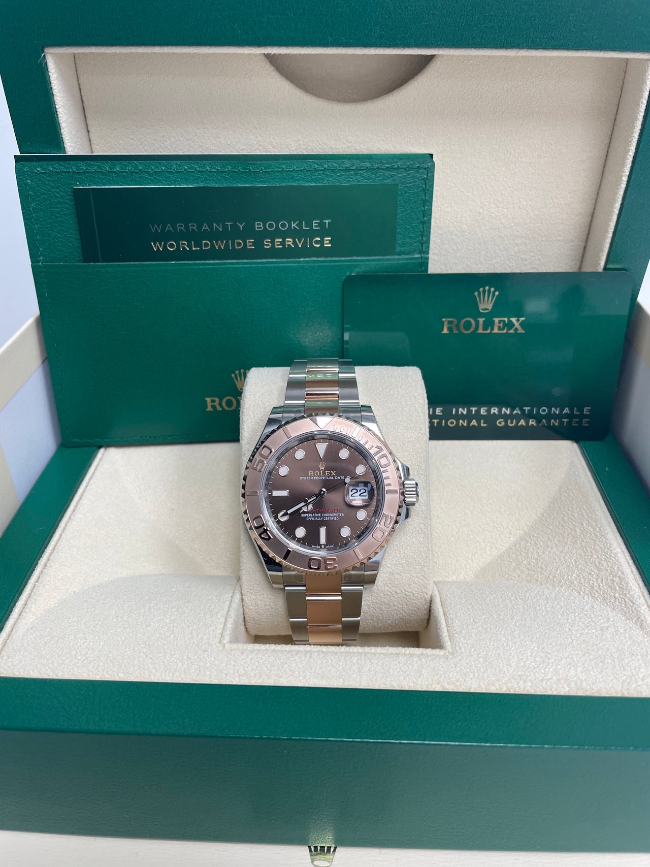 Rolex Yacht-Master 40mm Chocolate Dial Two-Tone Men’s Watch 126621 with 18k Everose gold bezel and center links, Oystersteel case, Oyster bracelet, sunburst chocolate dial, sapphire crystal, and Rolex Caliber 3235 automatic movement—never worn, authentic with box and warranty card. Available now at Global Sky Diamonds, 44 W 47th St Booth GF-10, NYC Diamond District. Shop globalskydiamond.com.