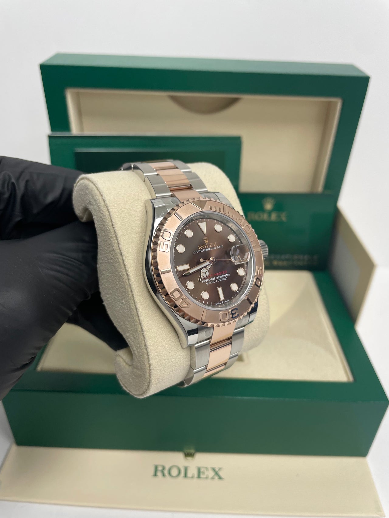 Rolex Yacht-Master 40mm Chocolate Dial Two-Tone Men’s Watch 126621 with 18k Everose gold bezel and center links, Oystersteel case, Oyster bracelet, sunburst chocolate dial, sapphire crystal, and Rolex Caliber 3235 automatic movement—never worn, authentic with box and warranty card. Available now at Global Sky Diamonds, 44 W 47th St Booth GF-10, NYC Diamond District. Shop globalskydiamond.com.