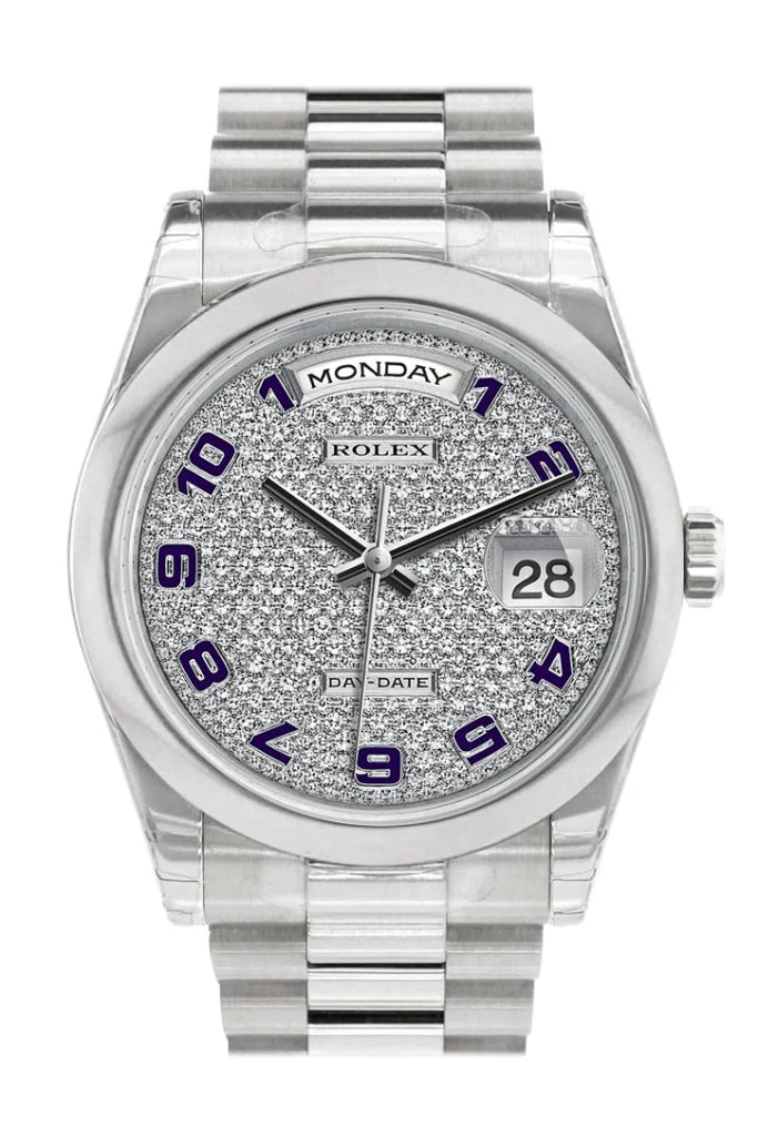 Rolex Day-Date 36mm Diamond Paved Dial President Men's Watch 118206 in 18k white gold with solid white gold Rolex President bracelet, featuring a factory diamond dial, fixed dome bezel, sapphire crystal, automatic movement, and concealed clasp—available now at Global Sky Diamonds in New York City's Diamond District at 44 W 47th St Booth GF-10. Guaranteed authentic, never worn, with Rolex box and warranty card. 3-year warranty included. Shop now at globalskydiamond.com.