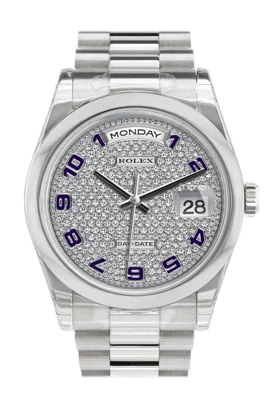 Rolex Day-Date 36mm Diamond Paved Dial President Men's Watch 118206 in 18k white gold with solid white gold Rolex President bracelet, featuring a factory diamond dial, fixed dome bezel, sapphire crystal, automatic movement, and concealed clasp—available now at Global Sky Diamonds in New York City's Diamond District at 44 W 47th St Booth GF-10. Guaranteed authentic, never worn, with Rolex box and warranty card. 3-year warranty included. Shop now at globalskydiamond.com.